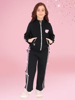 Cutecumber - Girls Black Polyester Blend Stripes Tracksuit