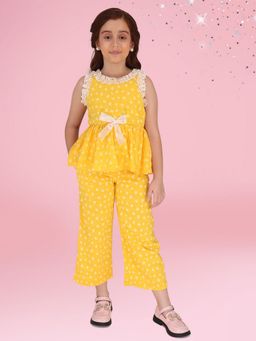Cutecumber - Girls Yellow Cotton Blend Polka Dots Co-Ord Set