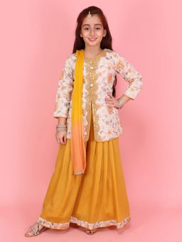 Cutecumber - Girls Mustard Chinon Embroidered Kurti with Palazzo and Dupatta