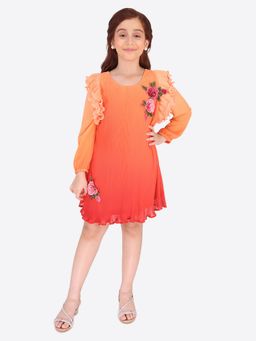 Cutecumber - Girls Orange Georgette Floral Dress