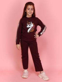 Cutecumber - Girls Brown Knitted Embellished Tracksuit