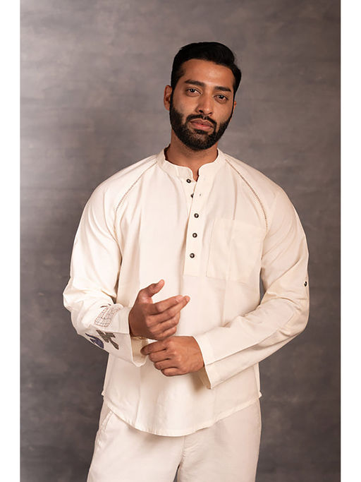 Thread Game Men Khadi White Mandarin Neck Shirt