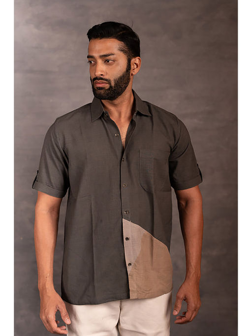 Thread Game Men Khadi Olive Collar Neck Shirt