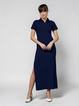 Twenty Dresses by Nykaa Fashion - Navy Blue Solid Collar Neck Short Sleeve Maxi Dress