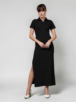 Twenty Dresses by Nykaa Fashion - Black Solid Collar Neck Short Sleeve Maxi Dress