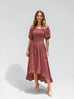 Twenty Dresses by Nykaa Fashion - Red Floral Off-Shoulder Flared Midi Dress