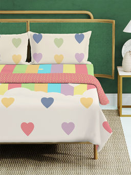 Urban Space - White Rainbow Hearts Cotton Dohar & Bedsheet with 2 Pillow Covers (Queen)