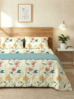 Urban Space - White Petal Pop Microfiber Dohar & Bedsheet with 2 Pillow Covers (Queen)