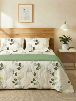 Urban Space - White Tea Leaves Microfiber Dohar & Bedsheet with 2 Pillow Covers (Queen)