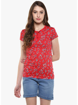 CRIMSOUNE CLUB - Women Red Floral Printed Henley Neck T-shirt