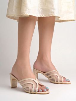 Shoetopia - Women Textured Mesh Block Heels - Elegant Light Gold
