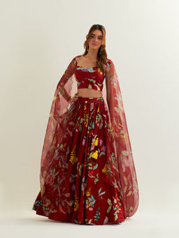 Label Earthen - Red Luna Skirt and Blouse with Scallop Dupatta. (Set of 3)