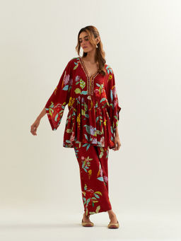 Label Earthen - Red Maia Kaftan with Pant (Set of 2)