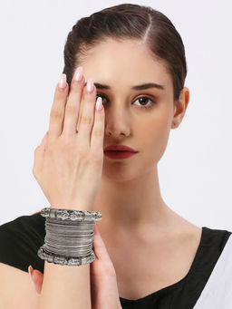 OOMPH - Combo Of 26 Oxidised Silver Kada And Shimmer Bangle Set - Elephant - (2.6)