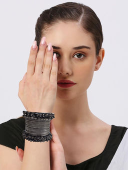 OOMPH - Combo Of 28 Black Silver Oxidised Ghungroo And Shimmer Bangle Set - (2.6)