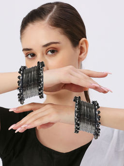 OOMPH - Combo Of 40 Black Silver Oxidised Ghungroo Bangle Set - (2.6)