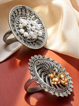 OOMPH - Combo Of 2 Oxidised Silver Ring - Golden And Silver Ghugroo - Tribal /Afghan Theme