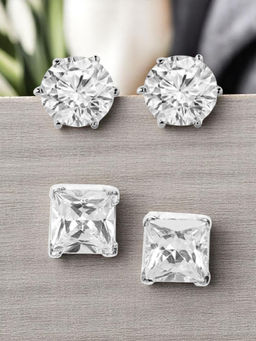 OOMPH - Combo Of 2 Silver Tone Small Round And Square Cubic Zirconia Stud Earrings