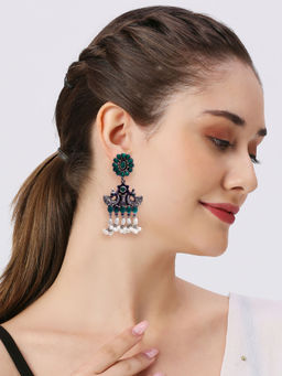 OOMPH - Oxidised Silver Drop Earrings - Green Stone And Pearls Peacock Design