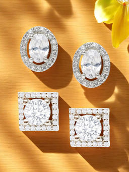 OOMPH - Combo Of 2 Silver Cubic Zirconia Oval And Square Solitaire Ear Stud Earrings
