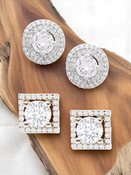 OOMPH - Combo Of 2 Silver Cubic Zirconia Round And Square Solitaire Ear Stud Earrings