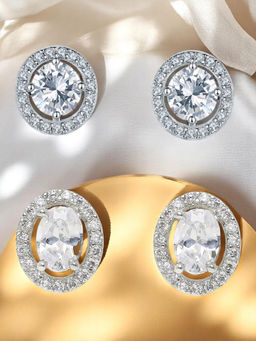 OOMPH - Combo Of 2 Silver Cubic Zirconia Oval And Round Solitaire Ear Stud Earrings