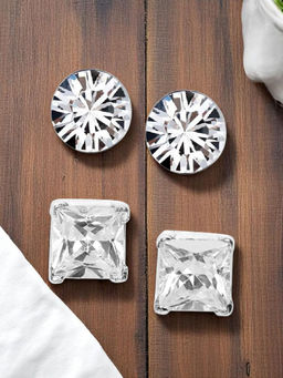 OOMPH - Combo Of 2 Silver Tone Small Round And Square Cubic Zirconia Stud Earrings