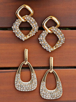 OOMPH - Combo Of 2 Gold Crystal And Pearls Drop Earrings - Delicate Design -