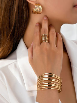 OOMPH - Combo Of Gold Earring, Cuff Bracelet And Ring - Party-Wear - For Women And Girls