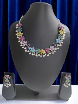 OOMPH - Oxidised Silver Choker Necklace Set - Multi Color Floral Design