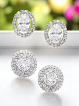 OOMPH - Combo Of 2 Silver Cubic Zirconia Oval And Round Solitaire Ear Stud Earrings