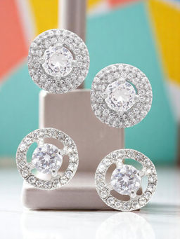 OOMPH - Combo Of 2 Silver Cubic Zirconia Round Solitaire Ear Stud Earrings