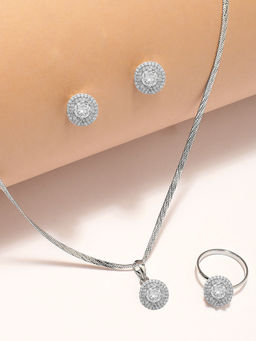 OOMPH - Silver Cubic Zirconia Pendant Set - Solitaire With Matching Stud Earrings And Ring