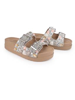 Alberto Torresi - Beige Stone and Rhinestone Embellished Double Buckle Platform Slide Sandals
