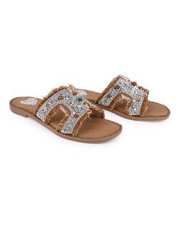 Alberto Torresi - Women Tan Fringed Crystal and Stone Embellished Flats