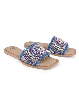 Alberto Torresi - Women Blue Fringed Denim Beaded Flats