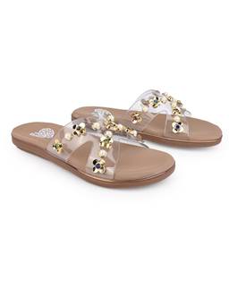 Alberto Torresi - Women Beige Floral Gem and Pearl Embellished Clear Criss-Cross Flat Sandals