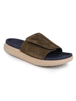 Alberto Torresi - Men Olive Suede Leather Adjustable Velcro Strap Comfort Sliders