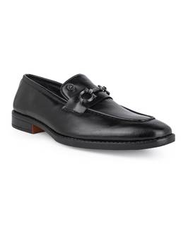 Alberto Torresi - Men Black Synthetic Leather Slip-On Loafers with Metallic Horsebit Buckle