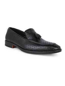 Alberto Torresi - Men Perforated Black Faux Leather Tassel Moccasins with Metallic Brand Logo