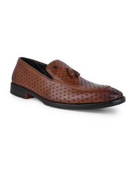 Alberto Torresi - Men Perforated Tan Faux Leather Tassel Moccasins with Metallic Brand Logo