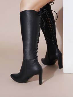 Sherrif Shoes - Women Black Lace-Up Back Knee-High Stiletto Casual Boots