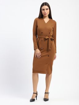 Madame - Women's Brown Knee Length Dress With Belt