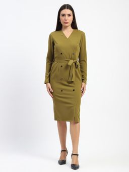 Madame - Women's Green Knee Length Dress With Belt