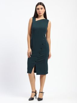 Madame - Women's Asymmetrical Neck Teal Knee Length Dress