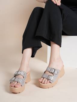 Drop Bold - Women Grey Double Buckle Detail Wedges Heels