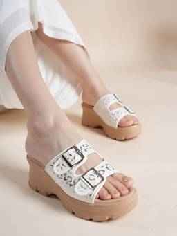 Drop Bold - Women White Double Buckle Detail Wedges Heels