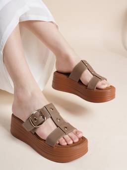 Drop Bold - Women Brown Buckle Detail Platform Heels