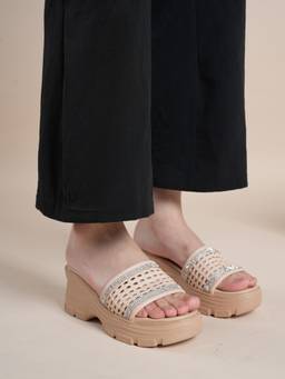 Drop Bold - Women Beige Woven Strap Embellished Wedges Heels