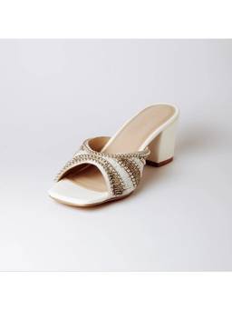 Megleo - Women White Handmade Embroidered Block Heels